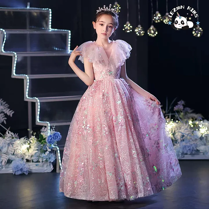 LEZONKIDS - 2022 New Little Girl Show Poncho Evening Dress for Children Spring Summer Evening Dress for Children Blue